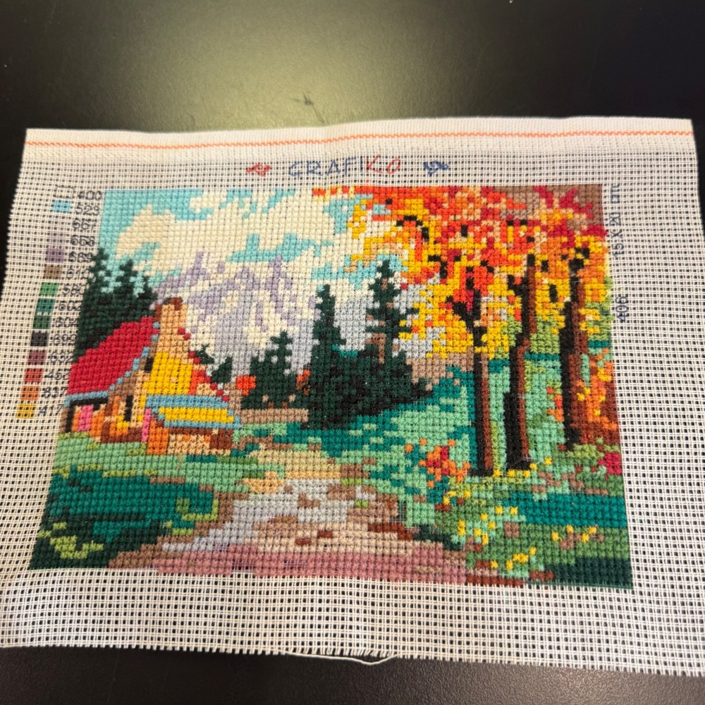 Grafiko Needlepoint Art Finished Canvas 8x6 Multi Autumn Mountain Cabin Decor